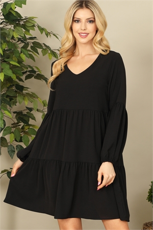S5-2-3-D001-BLACK V-NECK PUFF LONG SLEEVE BABYDOLL TIERED SOLID DRESS 1-1-1-1-1