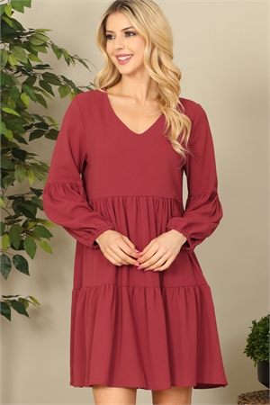 S5-2-3-D001-RED V-NECK PUFF LONG SLEEVE BABYDOLL TIERED SOLID DRESS 1-1-1-1-1
