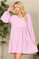 S8-2-3-D001-LAVENDER V-NECK PUFF LONG SLEEVE BABYDOLL TIERED SOLID DRESS 1-1-1-1-1