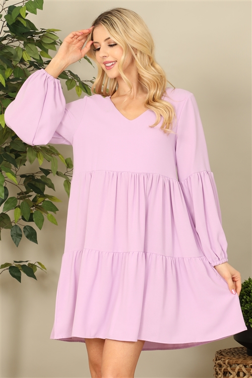 S8-2-3-D001-LAVENDER V-NECK PUFF LONG SLEEVE BABYDOLL TIERED SOLID DRESS 1-1-1-1-1