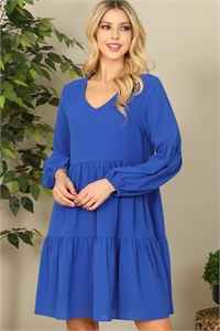 S8-2-3-D001-ROYAL V-NECK PUFF LONG SLEEVE BABYDOLL TIERED SOLID DRESS 1-1-1-1-1