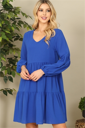 S8-2-3-D001-ROYAL V-NECK PUFF LONG SLEEVE BABYDOLL TIERED SOLID DRESS 1-1-1-1-1