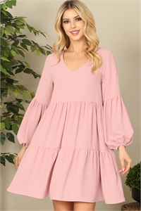 S7-3-3-D001-DUSTY PINK V-NECK PUFF LONG SLEEVE BABYDOLL TIERED SOLID DRESS 1-1-1-1-1