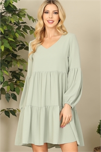 S7-3-3-D001-SAGE V-NECK PUFF LONG SLEEVE BABYDOLL TIERED SOLID DRESS 1-1-1-1-1