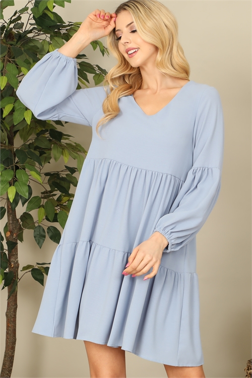 S7-3-3-D001-DUSTY BLUE V-NECK PUFF LONG SLEEVE BABYDOLL TIERED SOLID DRESS 1-1-1-1-1