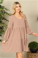S7-3-3-D001- TAUPE V-NECK PUFF LONG SLEEVE BABYDOLL TIERED SOLID DRESS1-1-1-1-1