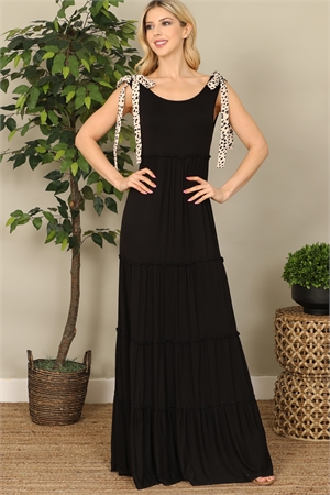 C76-A-1-D5009-BLACK ANIMAL PRINT TIE STRAP TIERED SOLID MAXI DRESS 2-2-2-2