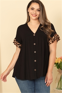 C92-A-2-T29451X-BLACK PLUS SIZE RUFFLE LEOPARD CUFF V-NECK BUTTON DETAIL SOLID TOP 2-2-2