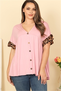 C92-A-1-T29451X-DUSTY PINK PLUS SIZE RUFFLE LEOPARD CUFF V-NECK BUTTON DETAIL SOLID TOP 2-2-2