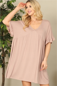 S8-6-2-D3978-TAUPE V-NECK RUFFLE SLEEVE SOLID DRESS 2-2-2-2  (NOW $5.75 ONLY!)