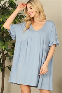 S4-1-1-D3978-D. BLUE V-NECK RUFFLE SLEEVE SOLID DRESS 2-2-2-2  (NOW $5.75 ONLY!)