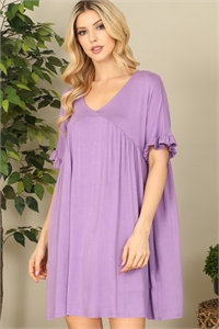 S4-1-1-D3978-LAVENDER V-NECK RUFFLE SLEEVE SOLID DRESS 2-2-2-2  (NOW $5.75 ONLY!)