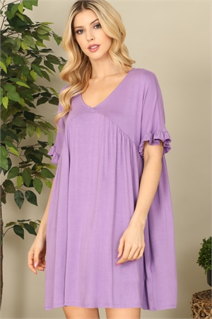 S4-1-1-D3978-LAVENDER V-NECK RUFFLE SLEEVE SOLID DRESS 2-2-2-2  (NOW $5.75 ONLY!)