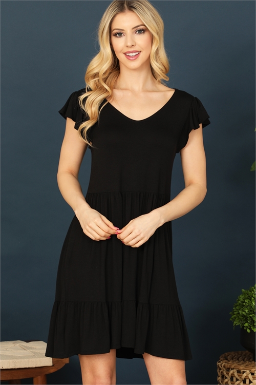 C74-A-1-D5010-BLACK RUFFLE CAP SLEEVE TIERED SOLID MINI DRESS 2-2-1-2