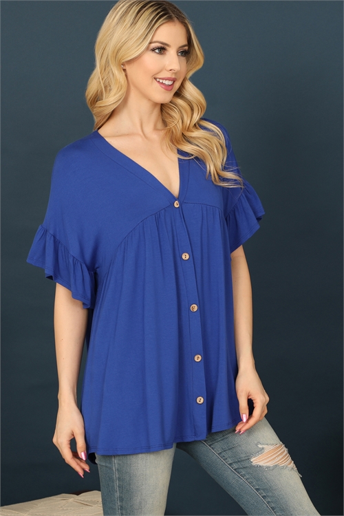 C72-A-3-T2911-ROYAL BLUE V-NECK RUFFLE SLEEVE BUTTON DETAIL SOLID TOP 2-2-2-2