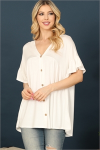 C72-A-3-T2911-IVORY V-NECK RUFFLE SLEEVE BUTTON DETAIL SOLID TOP 2-2-2-2
