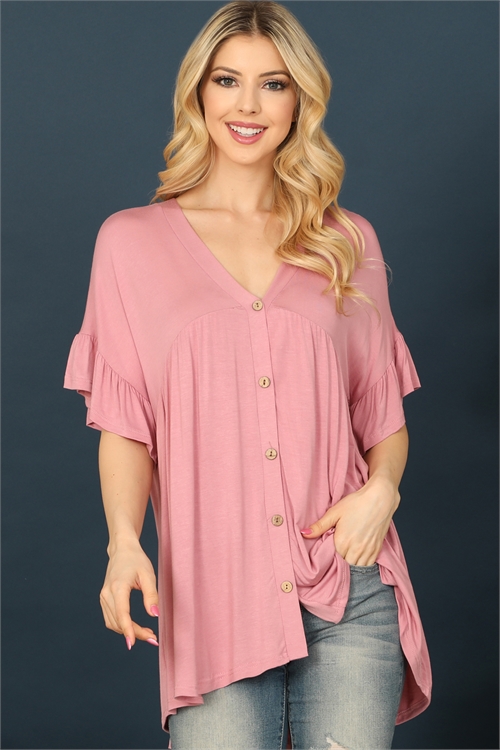 C72-A-3-T2911-DUSTY PINK V-NECK RUFFLE SLEEVE BUTTON DETAIL SOLID TOP 2-2-2-2