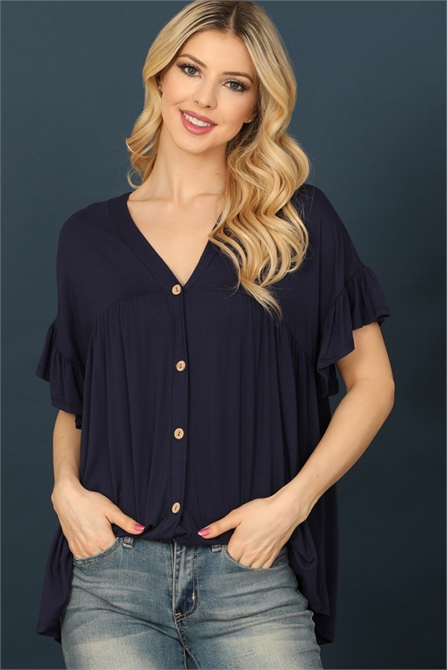 C72-A-3-T2911-NAVY V-NECK RUFFLE SLEEVE BUTTON DETAIL SOLID TOP 2-2-2-2