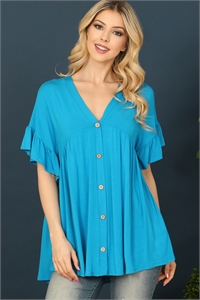 C72-A-3-T2911-TURQUOISE V-NECK RUFFLE SLEEVE BUTTON DETAIL SOLID TOP 2-2-2-2