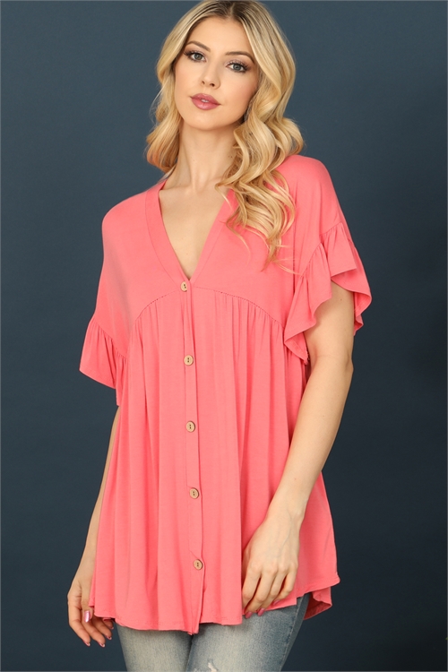 C72-A-3-T2911-CORAL V-NECK RUFFLE SLEEVE BUTTON DETAIL SOLID TOP 2-2-2-2