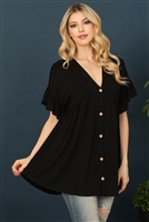 C72-A-3-T2911-BLACK V-NECK RUFFLE SLEEVE BUTTON DETAIL SOLID TOP 2-2-2-2