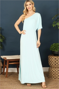 C72-A-2-D5034-AQUA ONE SHOULDER ELASTIC WAIST SIDE SLIT SOLID MAXI DRESS 2-2-2-2