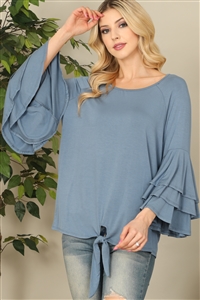 C80-A-1-T2887-DUSTY BLUE LAYERED RUFFLE BELL SLEEVE KNOT HEM SOLID TOP 2-2-1-1