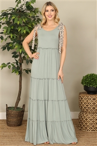 C80-A-1-D5009-SAGE ANIMAL PRINT TIE STRAP TIERED SOLID MAXI DRESS 2-2-2-1