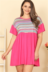 C88-A-2-D3992X-HOT PINK PLUS SIZE RUFFLE SLEEVE CONTRAST PRINTED MINI DRESS DRESS 2-2-2