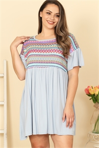 C84-A-1-D3992X-DUSTY BLUE PLUS SIZE RUFFLE SLEEVE CONTRAST PRINTED MINI DRESS DRESS 2-2-1