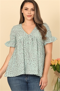 C92-A-1-T4221-1X-SAGE PLUS SIZE RUFFLE SHORT SLEEVE V-NECK ANIMAL PRINT TOP 2-2-2