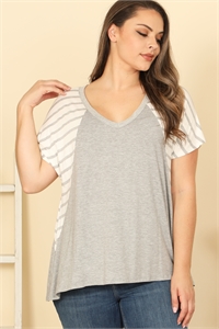 C92-A-1-T29062X-H. GREY PLUS SIZE STRIPE SHORT SLEEVE SOLID TOP 0-2-2