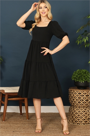 S9-6-2-D5581-BLACK HALF PUFF SLEEVE TIERED SOLID DRESS 2-2-2-2