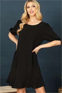 S8-5-2-D3939-BLACK BOAT NECK PUFF SLEEVE RUFFLE HEM SOLID DRESS 2-2-2-2 (NOW $ 5.75 ONLY!)