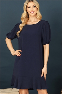 S8-5-2-D3939-NAVY BOAT NECK PUFF SLEEVE RUFFLE HEM SOLID DRESS 2-2-2-2 (NOW $ 5.75 ONLY!)