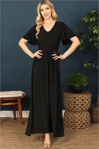 S9-4-2-D54571-BLACK V-NECK BELL SLEEVE WAIST TIE SOLID MAXI DRESS 2-2-2-2