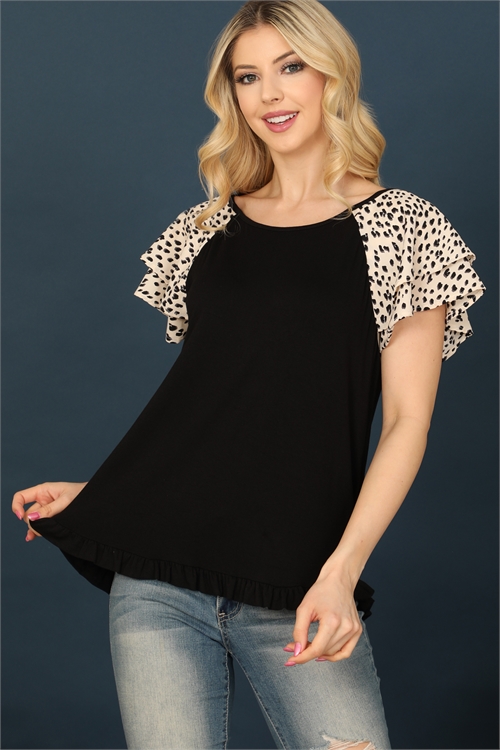 S8-5-3-T4230-BLACK SHORT DOUBLE RUFFLE ANIMAL PRINT SLEEVE SOLID TOP 2-2-2-3