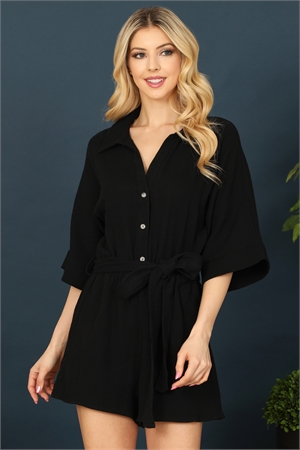 SA3-6-1-R7346-1-BLACK HALF SLEEVE BUTTON DETAIL WAIST TIE SOLID ROMPER 1-2-2-1