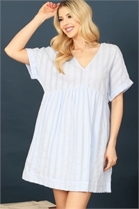 S8-6-4-D30266-SKY BLUE V-NECK SHORT SLEEVE TEXTURED BABYDOLL DRESS 3-2-2