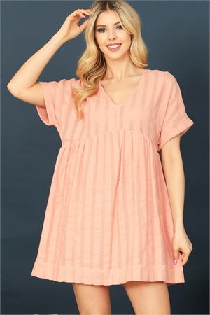 S4-2-2-D30266-BLUSH V-NECK SHORT SLEEVE TEXTURED BABYDOLL DRESS 2-2-2