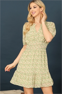 SA4-6-3-D33795-GREEN NOTCH NECK PUFF SLEEVE SMOCKED WAIST FLORAL DRESS 2-2-2 (NOW $ 6.75 ONLY!)