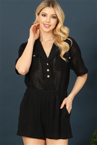 SA3-5-1-R70206-BLACK SHORT SLEEVE BUTTON DETAIL KNIT ROMPER 2-2-2