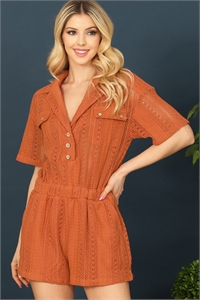 S4-1-1-R70206-RUST SHORT SLEEVE BUTTON DETAIL KNIT ROMPER 2-2-2