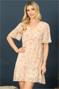 SA3-000-2-D44089-CREAM V-NECK BELL SLEEVE RUFFLE DETAIL FLORAL DRESS 2-2-2  (NOW $6.75 ONLY!)