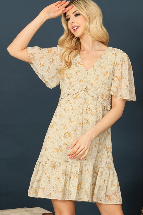 SA3-00-1-D44089-SAGE V-NECK BELL SLEEVE RUFFLE DETAIL FLORAL DRESS 2-2-2  (NOW $6.75 ONLY!)
