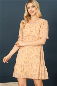 S8-6-4-D44089-BLUSH V-NECK BELL SLEEVE RUFFLE DETAIL FLORAL DRESS 2-2-1