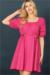 SA3-5-3-D44103-FUSCHIA RUCHED HOLE DETAIL WAIST PUFF SLEEVE MINI DRESS 2-2-2