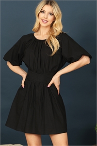 S8-6-4-D44100-BLACK PUFF SLEEVES BACK RIBBON CUT-OUT WAIST SOLID DRESS 1-1-1