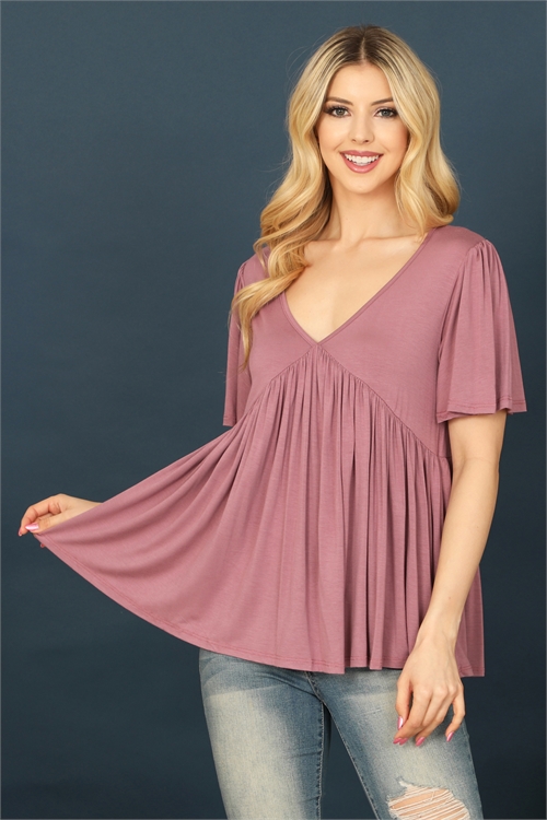 C74-A-1-T4223-MAUVE V-NECK PLEATED FRONT DETAIL BELL SLEEVE SOLID TOP 2-1-2-1