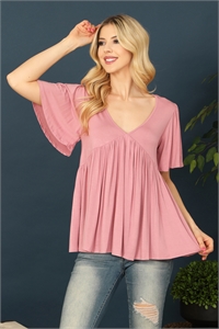 C70-A-1-T4223-D. PINK V-NECK PLEATED FRONT DETAIL BELL SLEEVE SOLID TOP 2-2-2-2